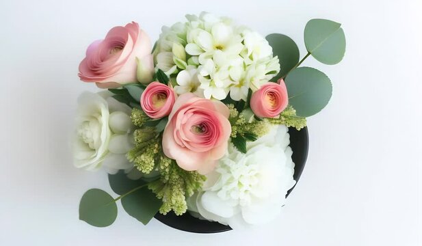 Elegant floral arrangement with pink roses and white hydrangeas on a black vase, white background.