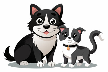 a small black and white cat along with a large black cat vector illustration