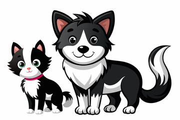 a small black and white cat along with a large black cat vector illustration