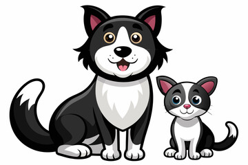 a small black and white cat along with a large black cat vector illustration