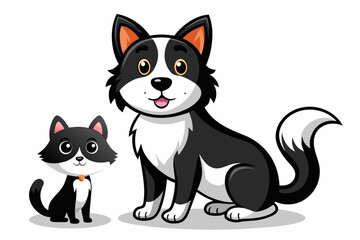 a small black and white cat along with a large black cat vector illustration