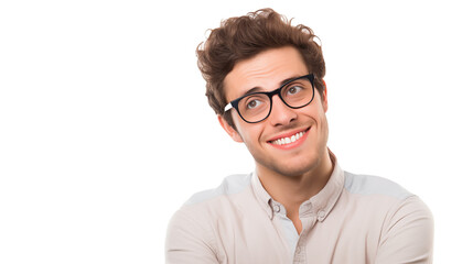 Portrait of a Happy Young Man with Glasses Looking Upwards on transparent background.