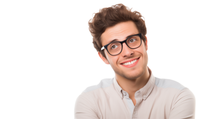 Portrait of a Happy Young Man with Glasses Looking Upwards on transparent background.