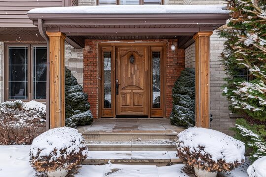 Snow covered bushes frame the elegant wooden front door in the portico entrance of the house
