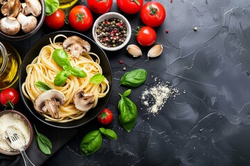 Spaghetti with mushrooms and creamy sauce on dark background Text space available
