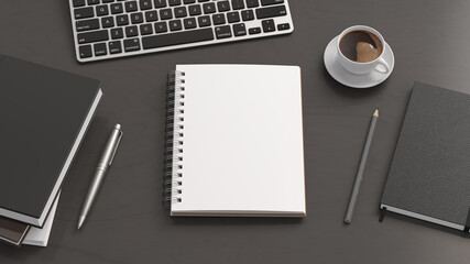Notebook mockup. Blank workplace notebook. Spiral notepad on dark wooden desk