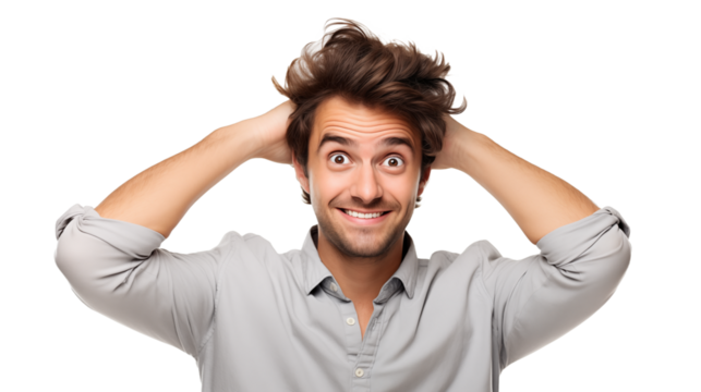 Cheerful young man with hands on head and surprised expression on transparent background.