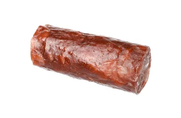 Fotobehang Piece of thin dry smoked sausage isolated on white © New Africa