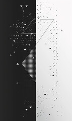Monochrome abstract with contrasting black and white geometric shapes and dots.