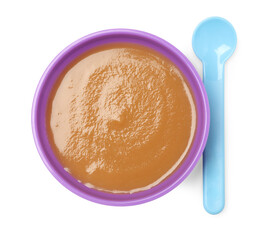 Delicious baby food in bowl and spoon isolated on white, top view