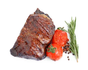 Fotobehang Piece of delicious grilled beef meat, tomatoes, peppercorns and rosemary isolated on white, top view © New Africa