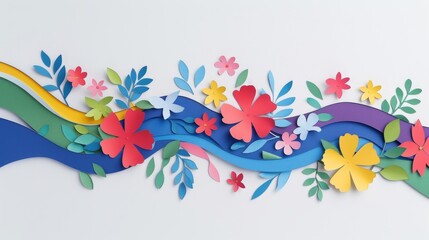 Fototapeta na wymiar A river of colors weaves through a vibrant garden of paper cut-out flowers and leaves, creating a playful and lively three-dimensional artwork.