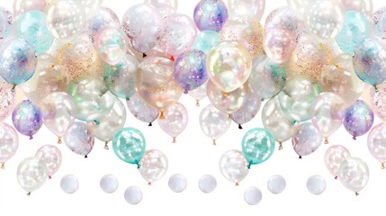 A multitude of balloons speckled with holographic glitter create a festive and sparkling celebration atmosphere.