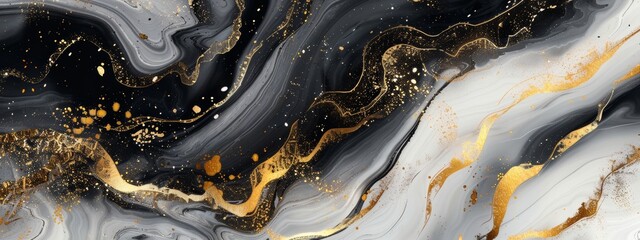 Black and gold flowing liquid in the style of marble texture on a white background, detailed and...