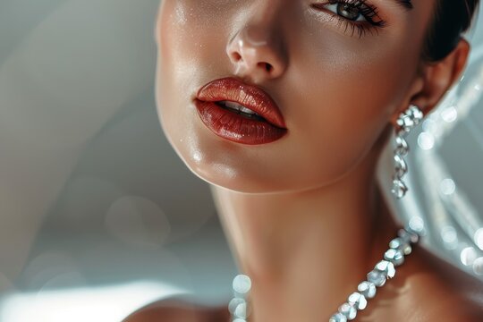 Stylish lady wearing jewelry Gorgeous woman adorned with diamond necklace Young model with diamond earrings and pendant Accessories and ornaments Fashion and bea