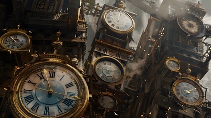 A cluster of old-fashioned clocks