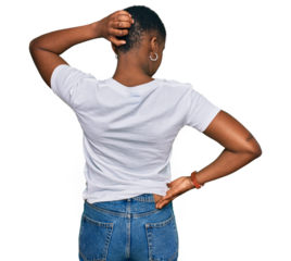Young african american woman wearing casual white t shirt backwards thinking about doubt with hand on head