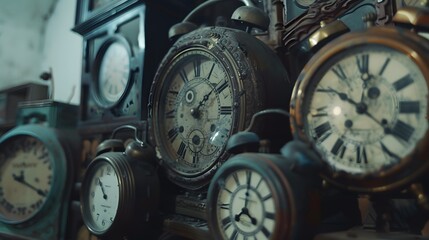 A cluster of old-fashioned clocks - obrazy, fototapety, plakaty