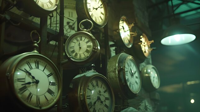A cluster of old-fashioned clocks
