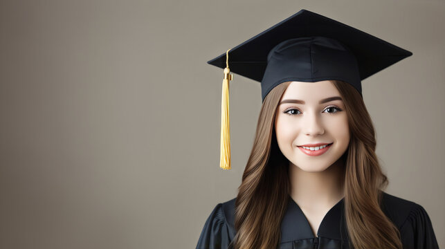 Graduating student in black cap and gown with gold tassel, golden background.