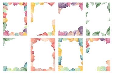 Collection of frame designs with seashells and marine elements in pastel shades, perfect for invitations or themed decor