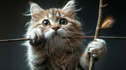   A close-up of a cat gripping a stick with its paw, seriously gazing into the camera - obrazy, fototapety, plakaty