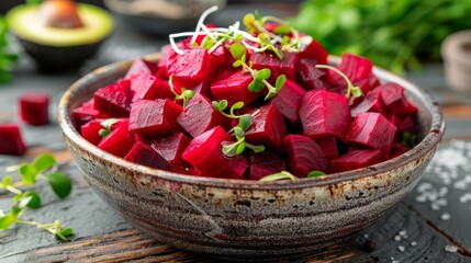   A tight shot of a bowl of beets on a table, surrounded by other fruits and vegetables in the background