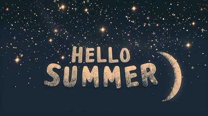 Hello Summer spelled out in a cosmic display, with letters that mimic an ancient, starry texture, contrasting against the infinite night sky.