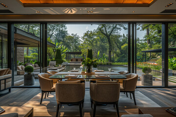 Fototapeta premium Spacious Dining Room With Large Table and Chairs
