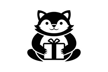 Minimalistic black and white logo featuring a cat or bear holding a gift box with a bow in its paws