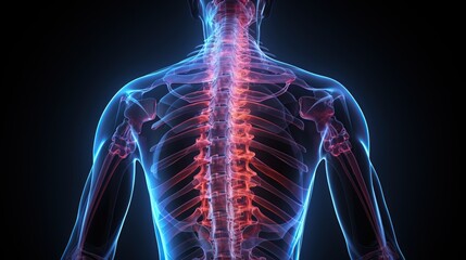 3D rendered illustration of the human spine, showing pain points in the back and neck area, isolated on a black background with a blue glow around it