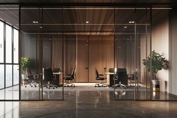 A poster in a modern office space with glass and dark wood conference rooms - obrazy, fototapety, plakaty