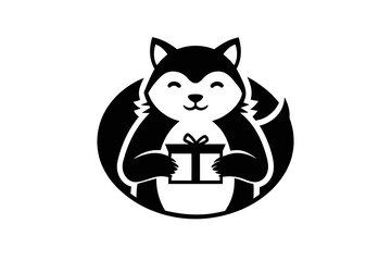 Minimalistic black and white logo featuring a cat or bear holding a gift box with a bow in its paws