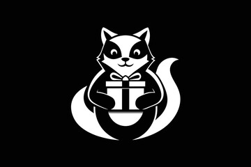 Minimalistic black and white logo featuring a cat or bear holding a gift box with a bow in its paws