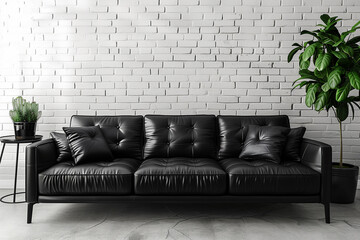 Black Leather Couch Against White Brick Wall