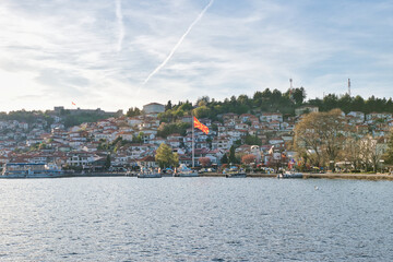 Lake Ohrid, North Macedonia, Spring, Sunset, April 09 2024. Mountain range and peninsula in...