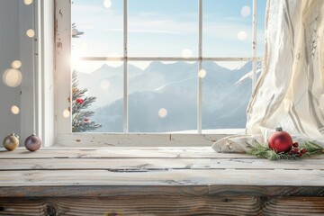 A wooden table with space for your text a white window with mountain view decorated with a lamp baubles and fabric