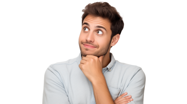 Thinking Young Man Posing with Hand on Chin on transparent background.