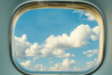 Naklejka premium Airplane window shows beautiful clouds against blue sky