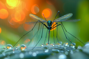 Mosquito Resting on Green Leaf