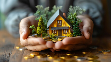 hand holding house model and stack of coins. Business investment and real estate concept.