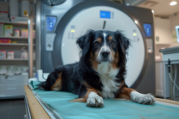 Australian Shepherd Awaiting a CT Scan in a Veterinary Clinic