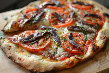 Anchovy and tomato pizza baked in a stone oven