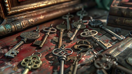 A cluster of old-fashioned keys - obrazy, fototapety, plakaty