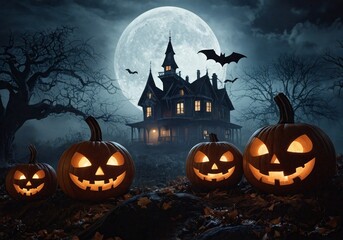 Halloween scene, haunted house on a hill with pumpkins and bats in the light of the full moon