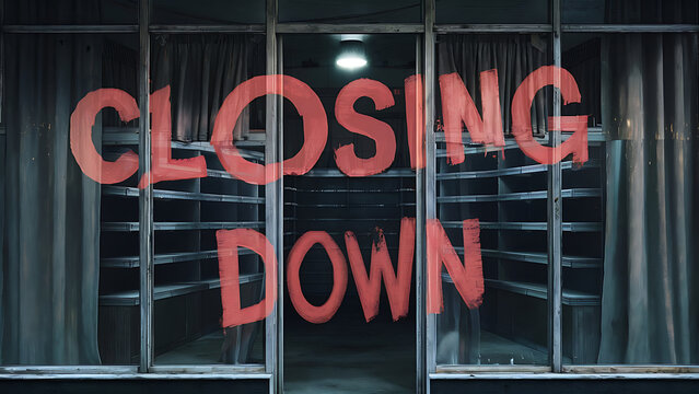 storefront with &ldquo;CLOSING DOWN&rdquo; written in bold, red letters across the window panes