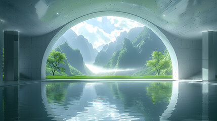 Futuristic architecture with archway overlooking mountains and reflecting pool - obrazy, fototapety, plakaty