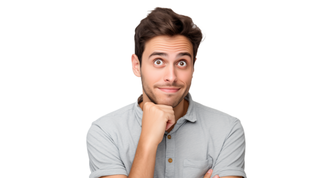 Portrait of a Young Man with a Curious Expression and Hand on transparent background.