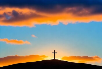 Fototapeta na wymiar Silhouette of a cross on a hill with the sun
