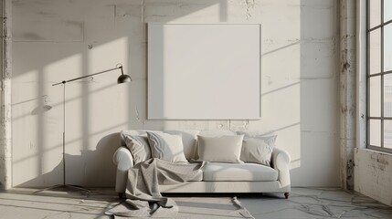   A living room features a white couch facing a large picture frame against the wall beside a generously-sized window
